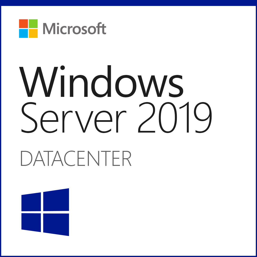 Microsoft Windows Server 2019 Datacenter product cover showing Microsoft and Windows logos Windows Server 2019 Datacenter license