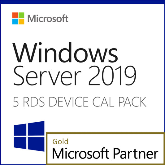 Windows Server 2019 box with 5 RDS Device CAL pack and Gold Microsoft Partner badge Windows Server 2019 Remote Desktop CAL