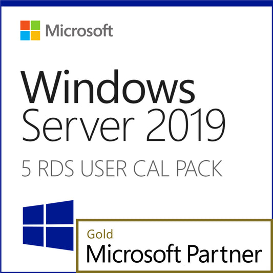 Windows Server 2019 box with 5 RDS user CAL pack and Gold Partner badge Windows Server 2019 Remote Desktop CAL