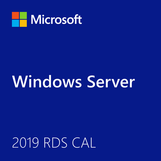 Microsoft Windows Server 2019 Remote Desktop CAL product cover in blue with Microsoft logo and 2019 RDS CAL text