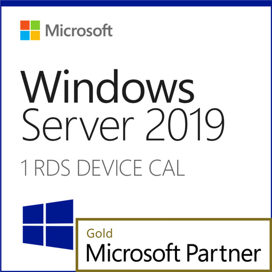 Microsoft Windows Server 2019 Remote Desktop CAL product box showing 1 RDS device CAL text and Microsoft Partner gold badge