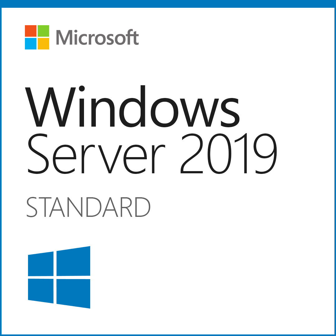 Microsoft Windows Server 2019 Standard box art with logo and blue Windows icon Windows Server 2019 Standard 16 core license