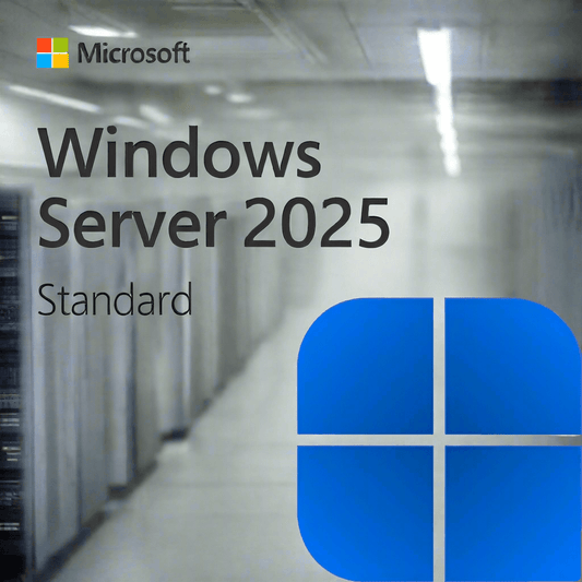 Microsoft Windows Server 2025 Standard box with blue Windows logo and server rack corridor Windows Server 2025 download