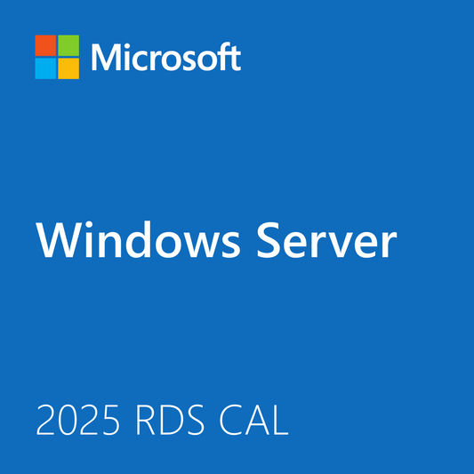 Microsoft logo and Windows Server cover on blue background showing branding and license text Windows Server 2025 RDS CAL