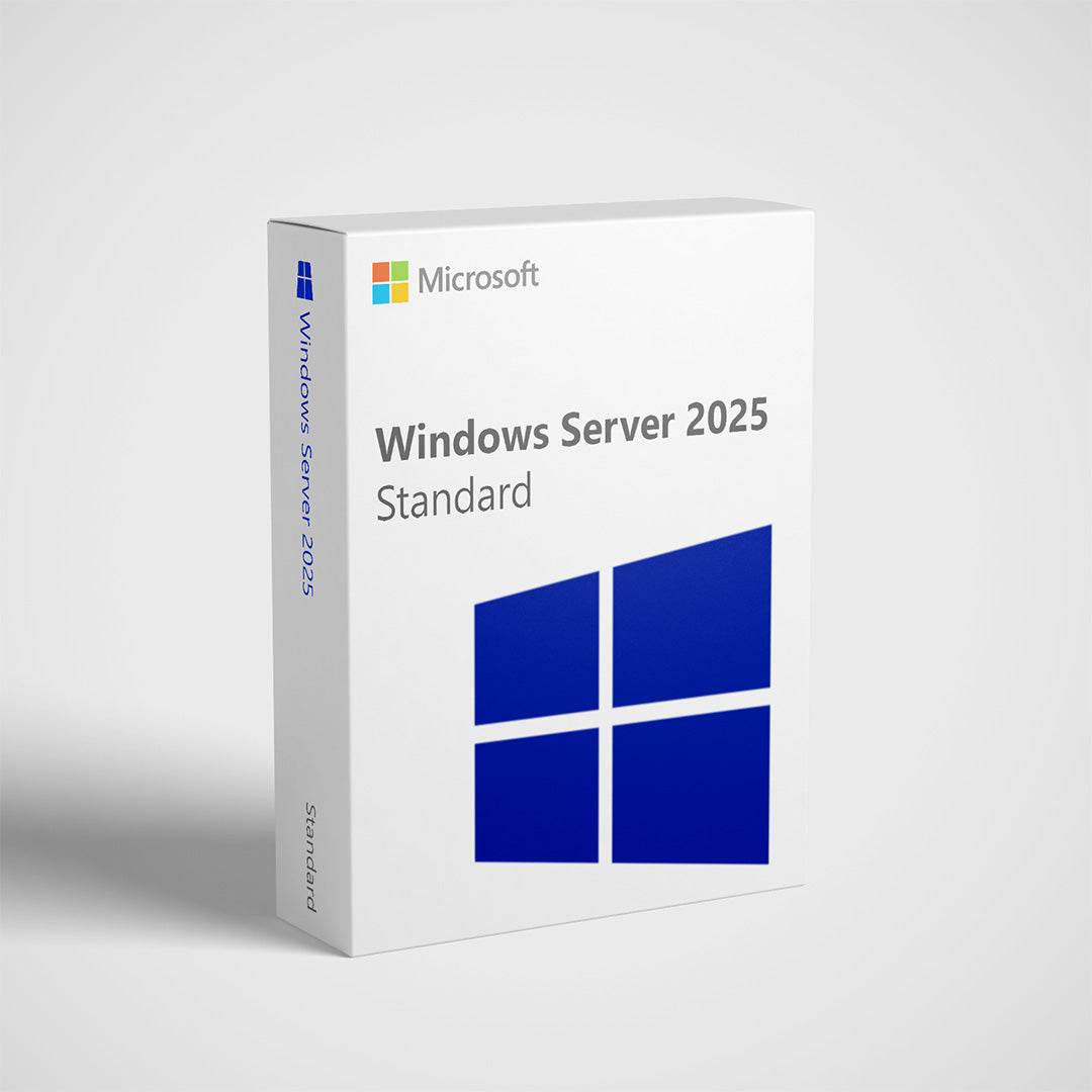 Microsoft Windows Server 2025 Standard license software box with a blue logo and modern design