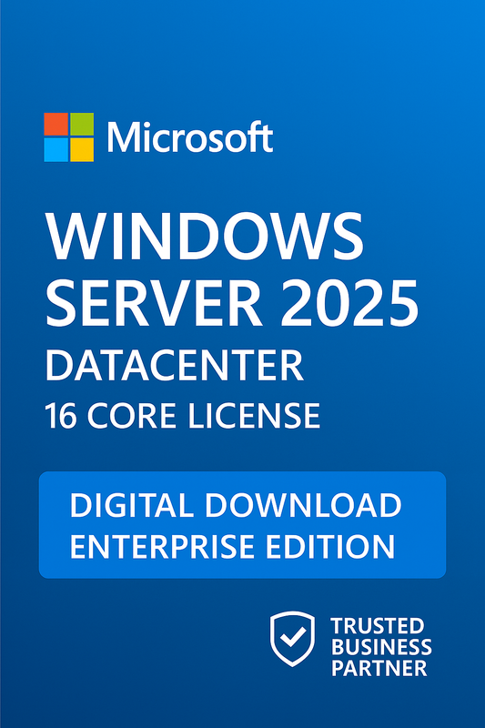 Microsoft Windows Server 2025 Datacenter 16 Core License digital download banner featuring Windows Server 2025 with 5 User CALs.