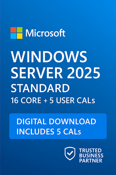 Microsoft Windows Server 2025 with 5 User CALs for digital download and 16 core support