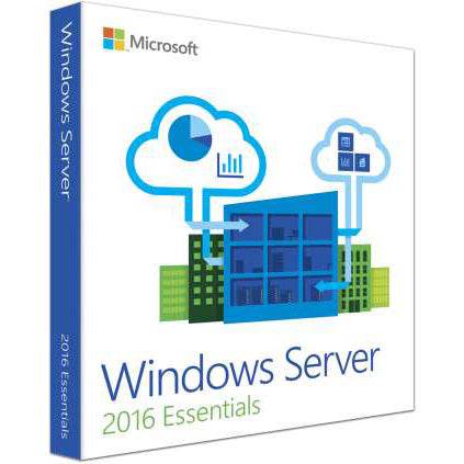 Microsoft Windows Server 2016 Essentials license boxed software with cloud icons and server building illustration